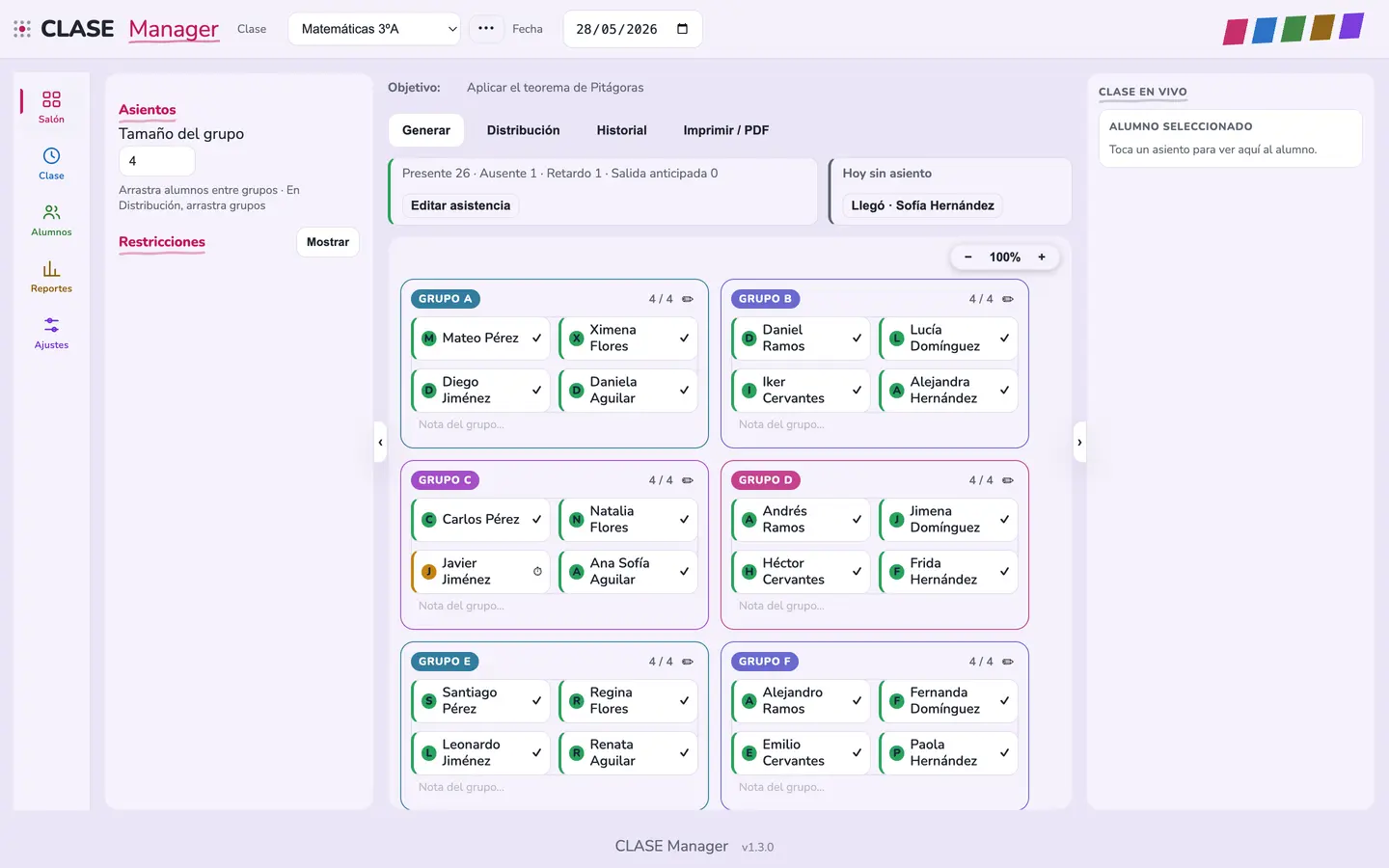CLASE Manager con el tema Plumones: fondo luminoso, rosa de plumón y un color por vista